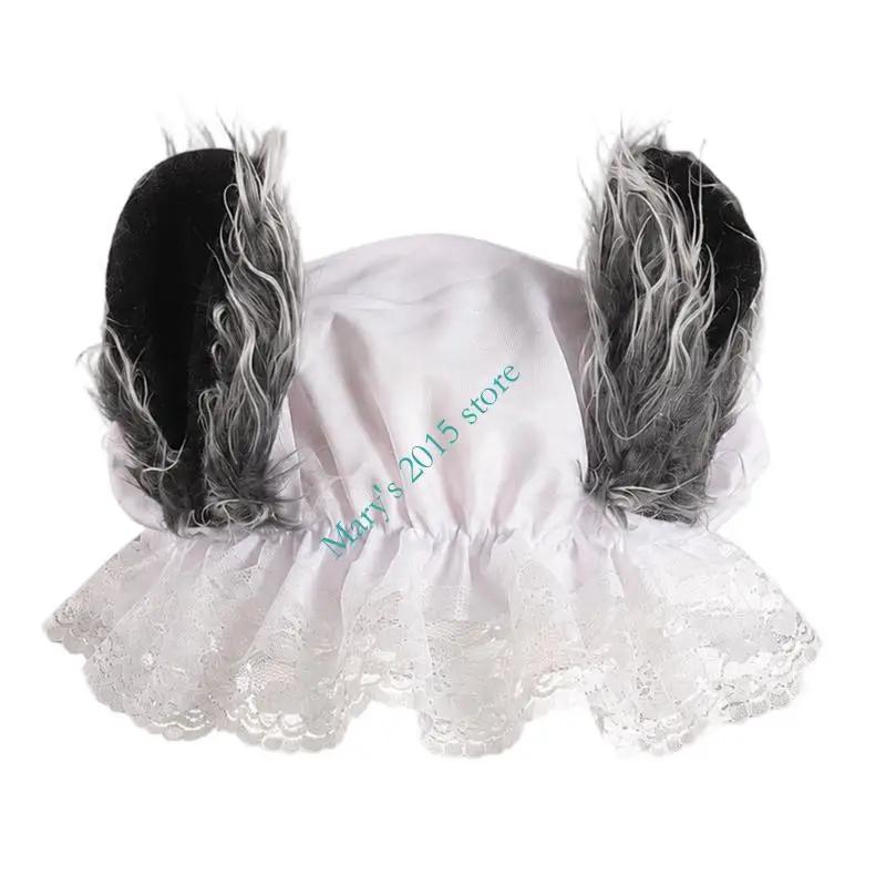 Wolf Grandma Costume Hat with Upright Ear Decoration and White Lace Ruffle for Halloween Character Styling, Party Wear