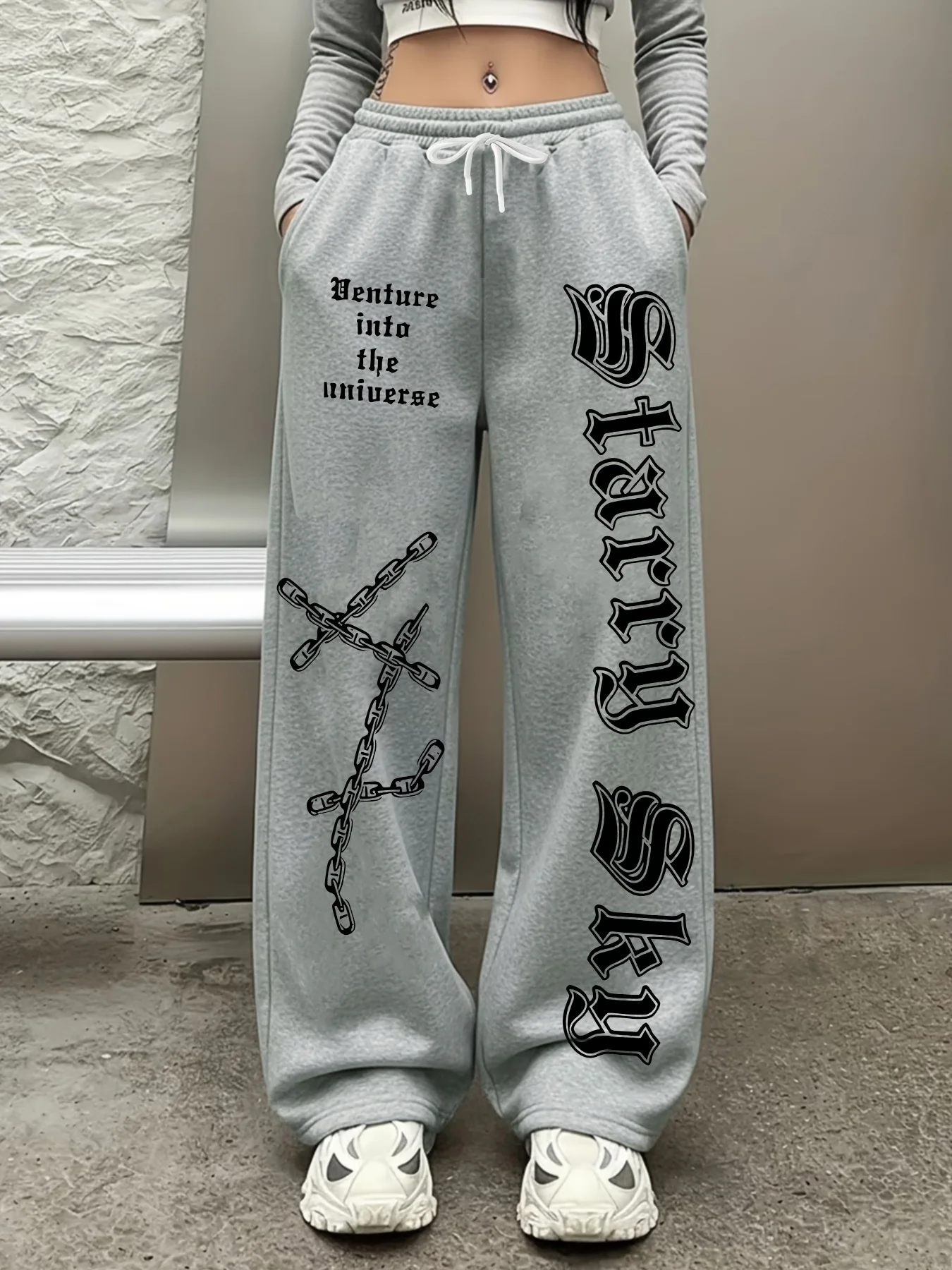 Y2K Gothic Women's Kids Wide Leg Sweatpants Chain Letter Print Elastic Waist Loose Hip Hop Streetwear Casual Jogger Trousers