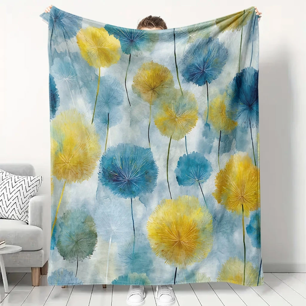 Blue Yellow Dandelion Watercolor Mist Background Flannel Throw Blanket, Soft Warm Sofa Cover, Nature Gift For Bedroom Rest Use