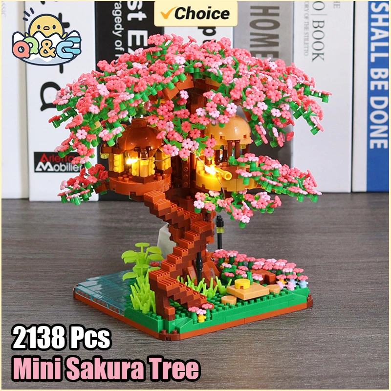 Juego de bloques de construcción de árbol bonsái de cerezo, ladrillos de plantas de flor de Sakura DIY con modelo de casa de árbol ligera, regalo romántico para novia