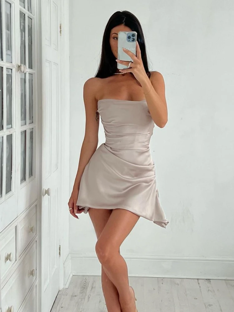 Summer Wedding Guest Dress Women 2023 Mini Strapless Satin Dress Sexy Bodycon Birthday Party Dresses Female Vestidos