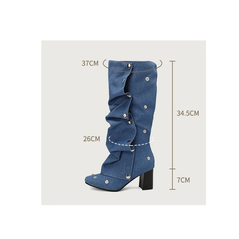 

ORCHALISA Women's Pleated Button Knee Boots 7cm Block Heel Round Toe Blue Black Big Size 48 Party Style Shoes women On sale