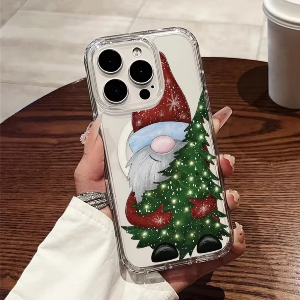 Cute Santa Claus Holding Xmas Tree Clear Acrylic+TPU Phone Case For iPhone 18 17 16 15 14 13 12 11 Pro Max Plus XR Magsafe Cover - view 2