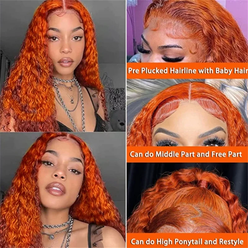 Orange Ginger Lace Frontal Wigs Human Hair Wig Deep Wave For Women 13x4 Transparent Pre Plucked Curly Wig Lace Frontal Wig