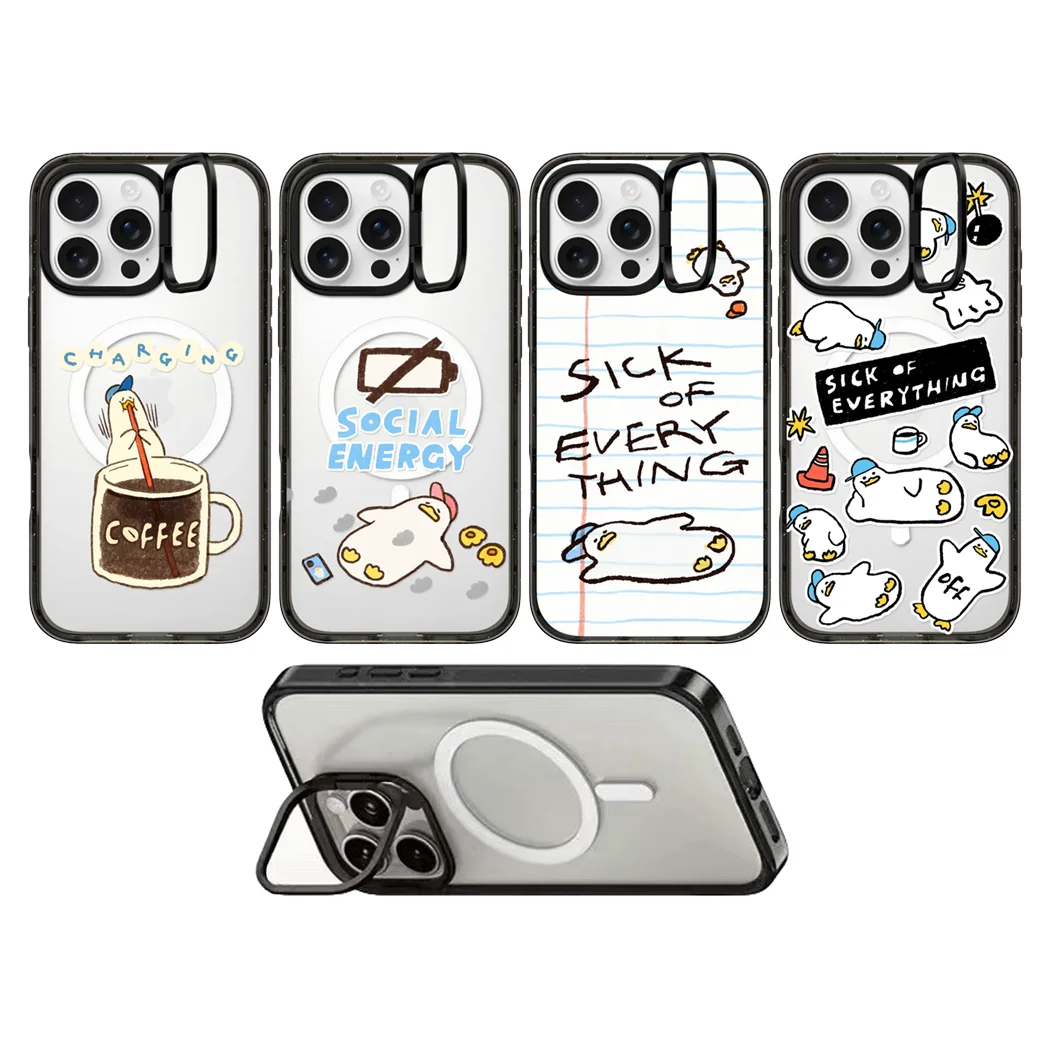 Lying Flat Duck Camera Ring Stand Acrylic Magnetic Cover for IPhone 14 15 16 17 Pro Max Case for IPhone 17Pro