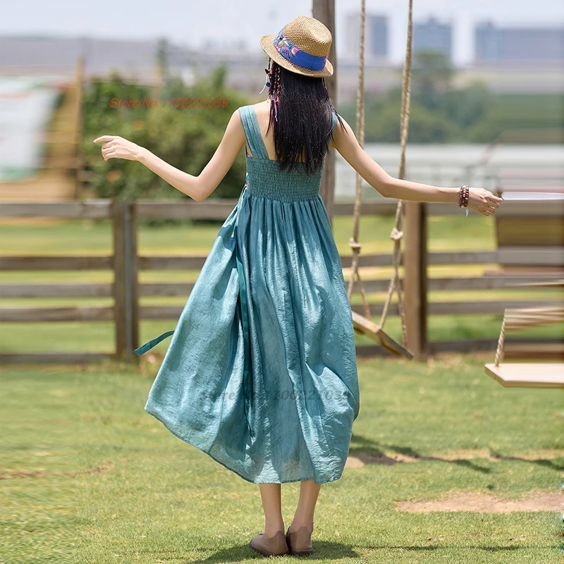 Vestido vintage oriental 2024, vestido tradicional étnico hanfu, vestido acampanado con bordado de flores nacionales, vestido de princesa sin mangas