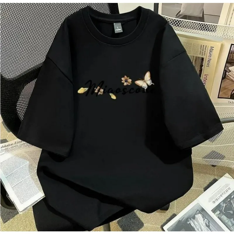 New Faux Embroidered Orchid and Butterfly Print Pure Cotton Short-sleeved and Half-sleeved Summer Tops for Men and Women Style