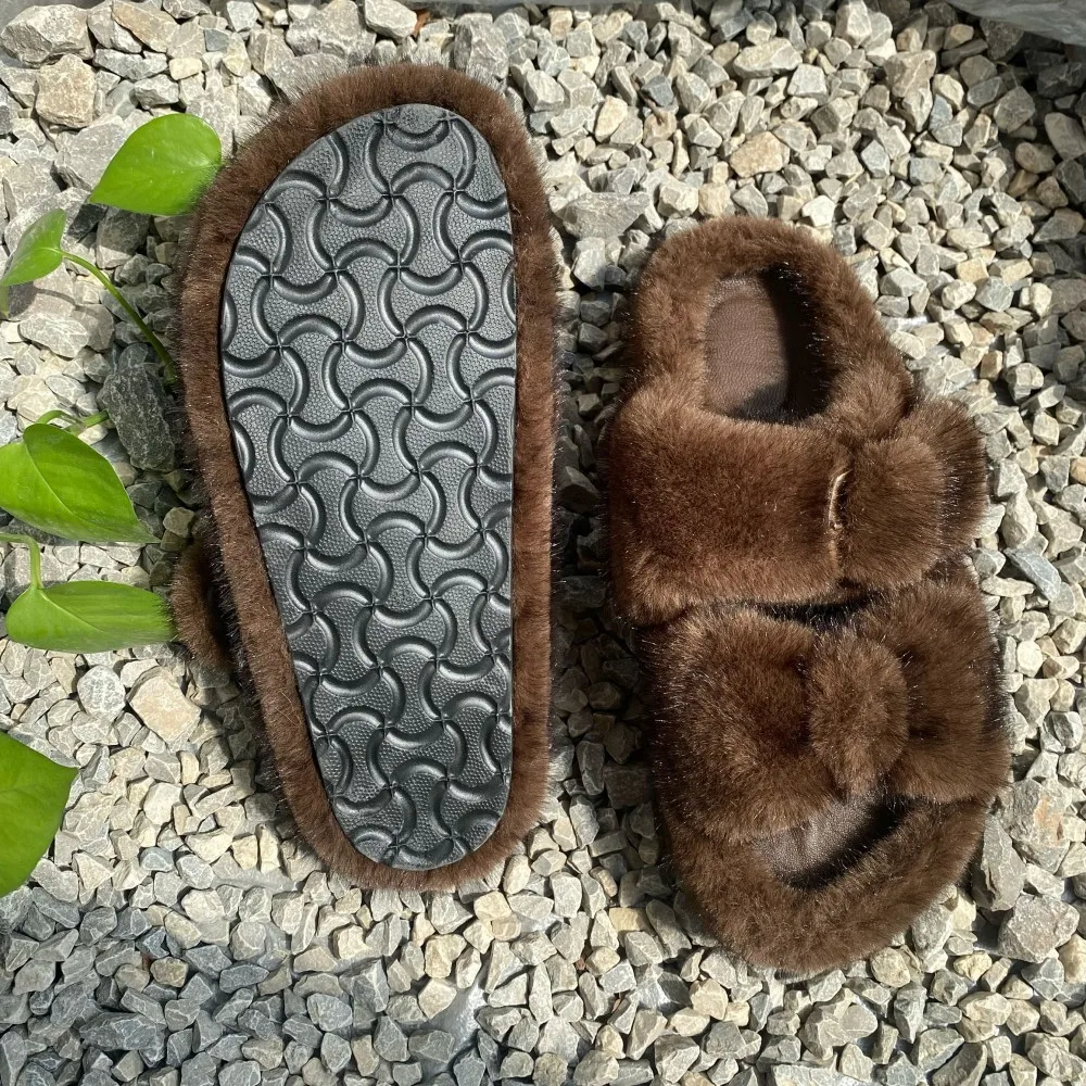 Flauschige Hausschuhe aus Kunstfell für Damen, mit verstellbarer Schleife, imitierende Nerz-Sandalen, flache Damensandalen, rutschfeste Sohle, Fell-Schuhe für Damen. – Detail 9