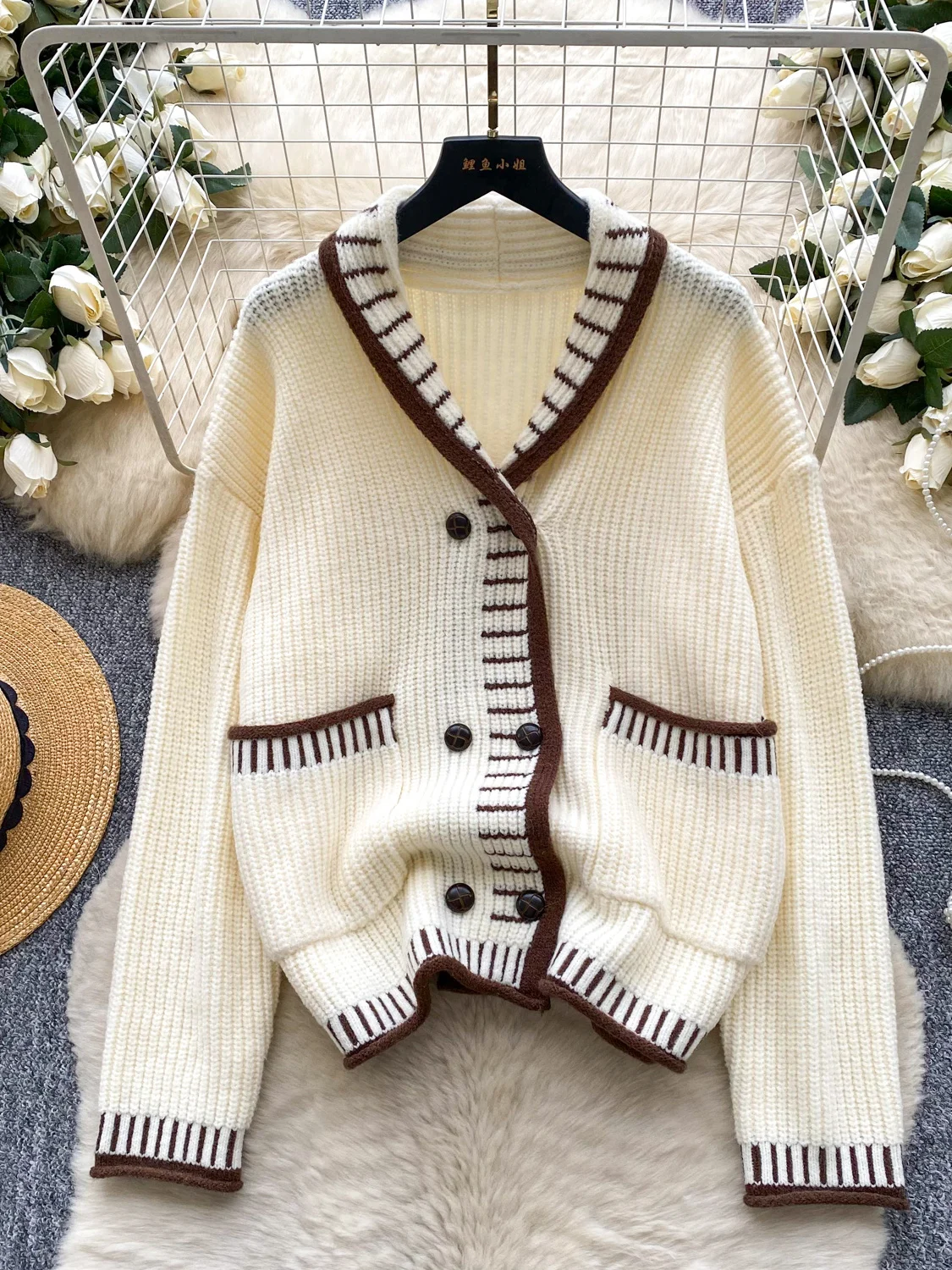 

Ele Lazy Sle Color Blo Double Button Open Cardigan Knitted Outerwear Women's Autumn Winter Loose Casual Long Sve S...