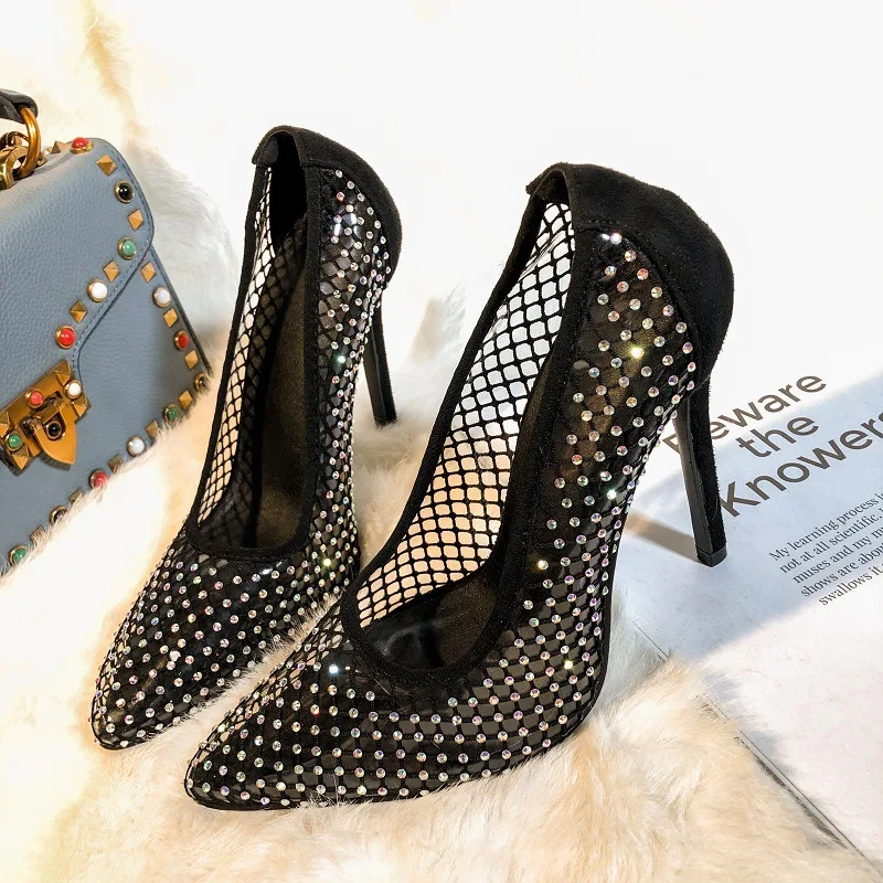 Fashion Glitter Colorful Rhinestones Women Pumps Sexy Hollow Out Breathable Mesh Thin Heeled Party Wedding Bride Shoesatr5