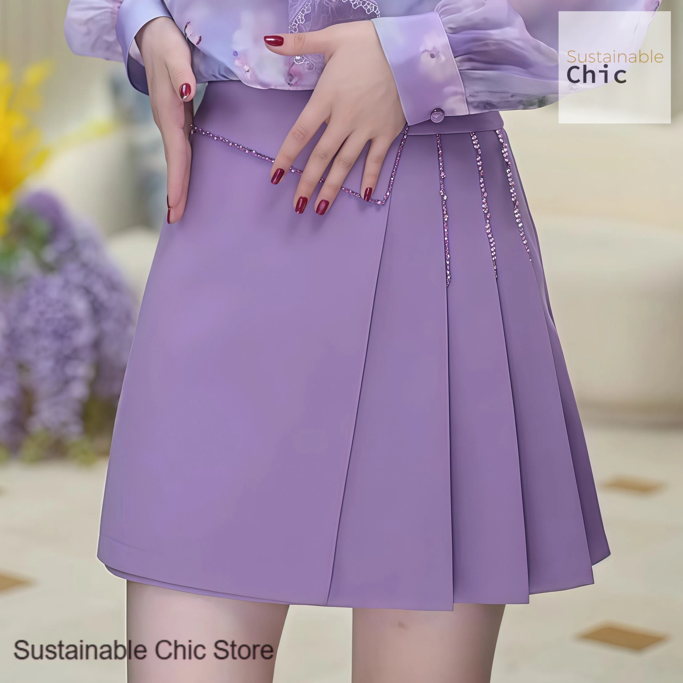 

Summer new design purple little French high waist slim Joker skirt female plus size temperament age-reducing pleated skirt