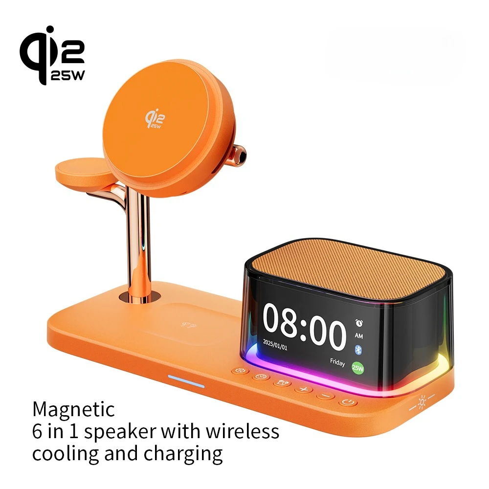 

Магнитный динамик 6 в 1 с охлаждением TEC мощностью 25 Вт, беспроводная зарядка для устройств Samsung и Apple с дисплеем времени, будильником