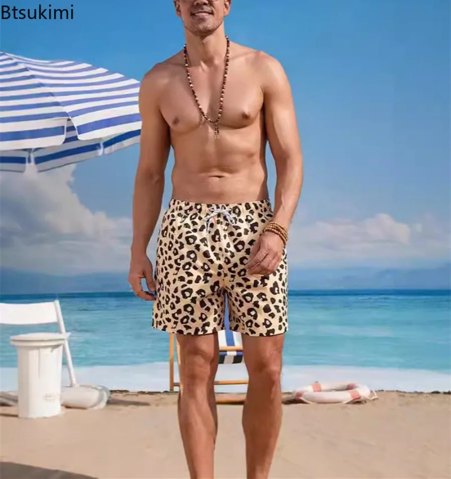 Summer Leopard Print Beach Shorts for Men Loose Casual Pocket Drawstring Beach Sport Pants Men Quick-Drying Washable Swim Briefs