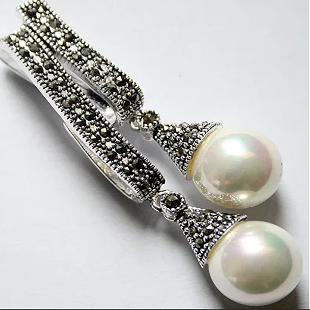 925 Sterling Silver Jewelry Marcasite Two 12mm White Shell Pearl Ball Earring 58*20mm