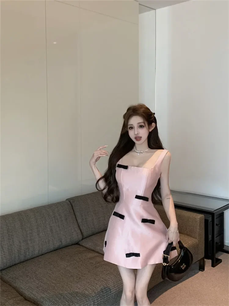 Princess Birthday Party Cute Bow Mini Pink Dress Elegant Suspender A Line Strap Dress Sleeveless Short Slash Neck Puffy Dress