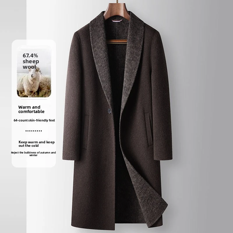 Luxury Men 67.4% Wool Blend Long Woolen Coat Contrast Shawl Collar Single Button Double Sided Overcoat Winter Male Outerwear