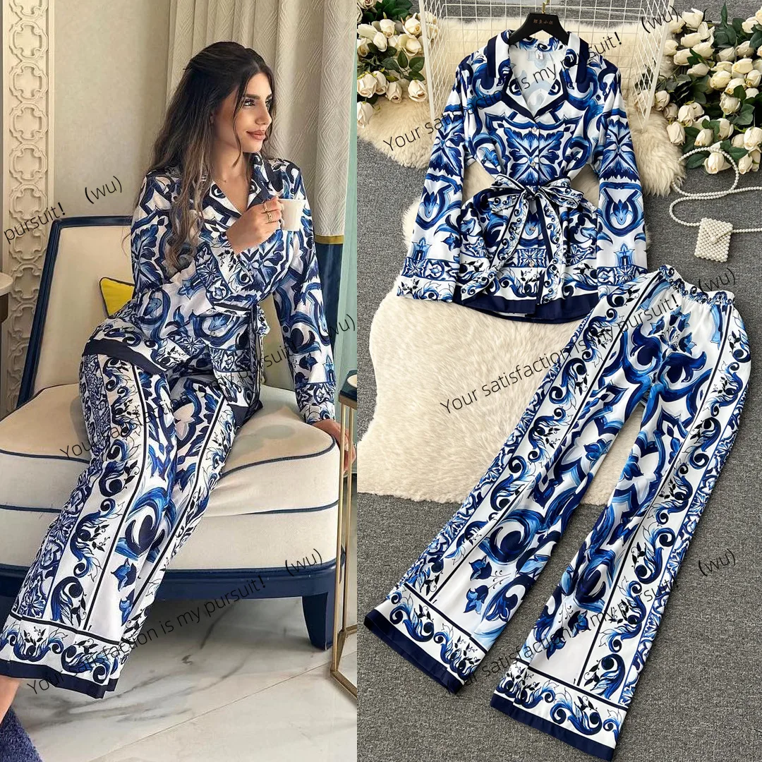 

Women's pants set, turtleneck sweater two-piece set, matching set, printed casual loose top, drawstring wide-leg trousers.