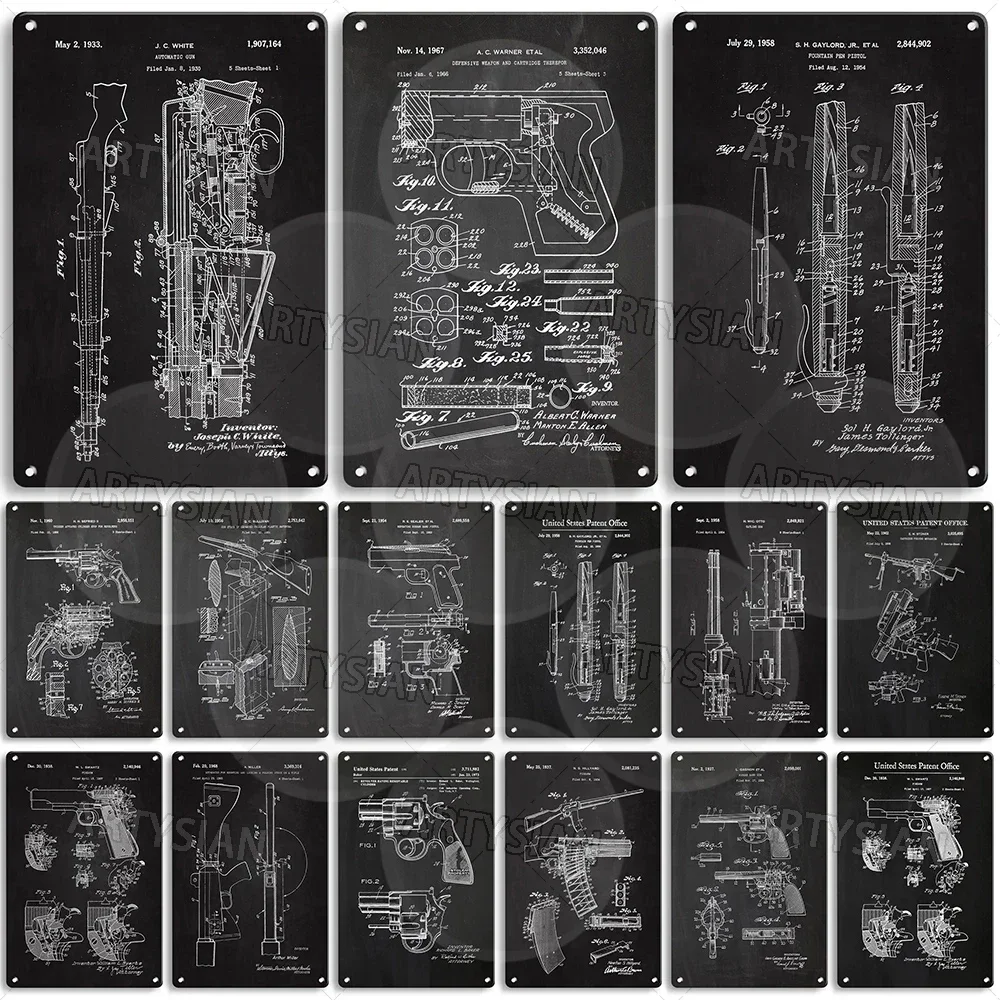 Gun Patent Metal Sign Garand Rifle J.C. White Automatic Gun Pistol Holster Hillyard Firearm Gagnon Rubber Band Gun Swartz Plaque