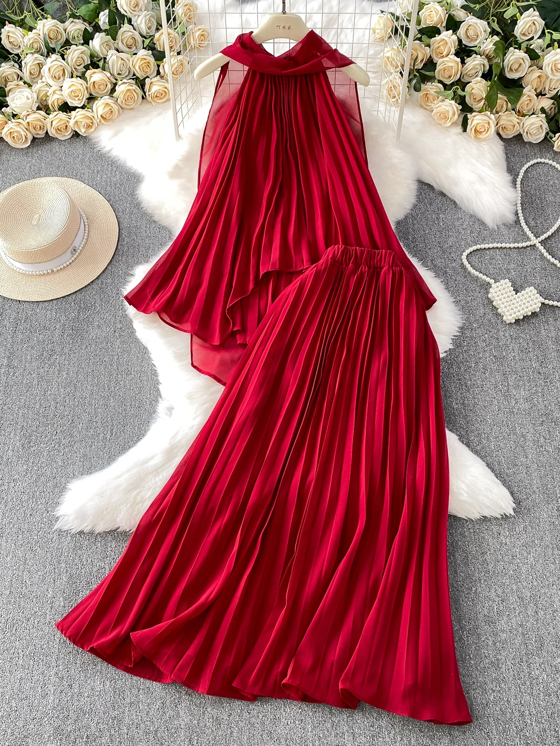 Vaion Sle Spicy Girl Svel Ne висячий жилет асимметричный топ с высокой талией утягивающая плиссированная юбка комплект женский