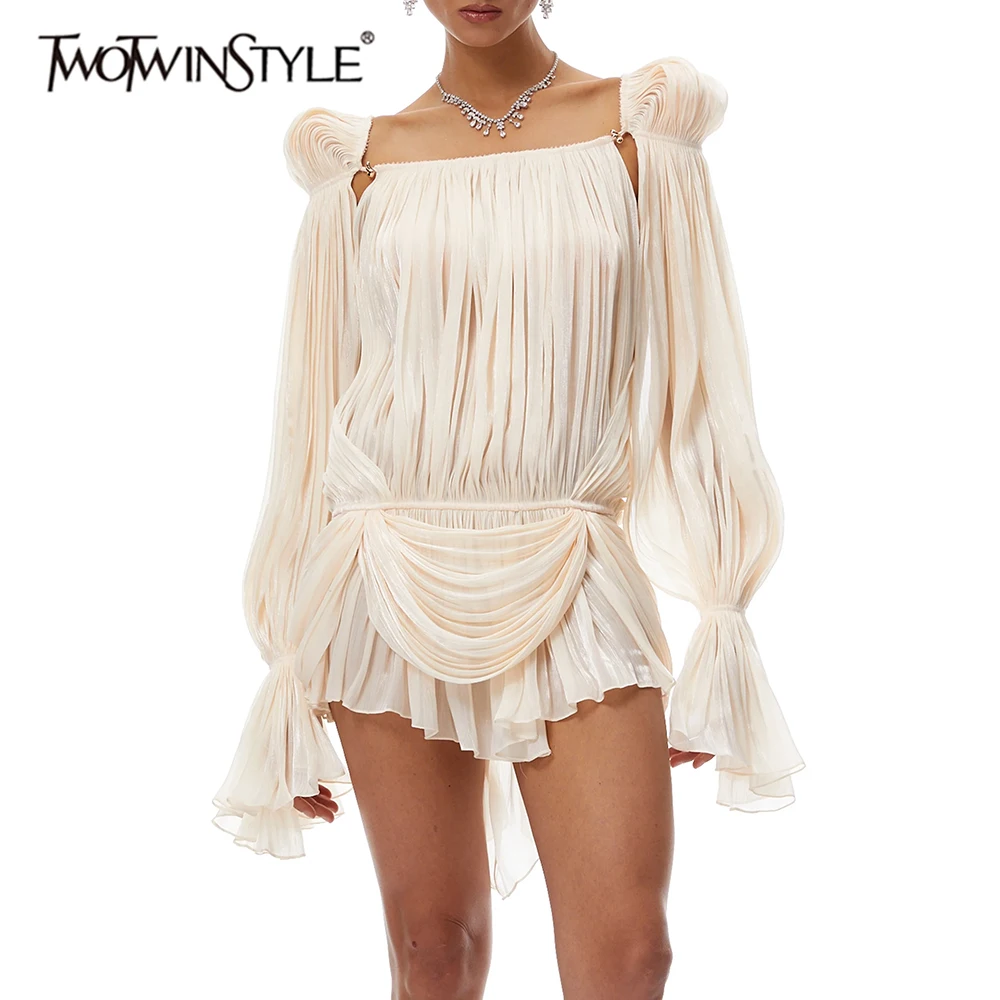 

Модное плиссированное мини-платье TWOTWINSTYLE цвета абрикос с квадратным вырезом и рукавами-фонариками для женщин, идеально для гала-вечеров и красной дорожки