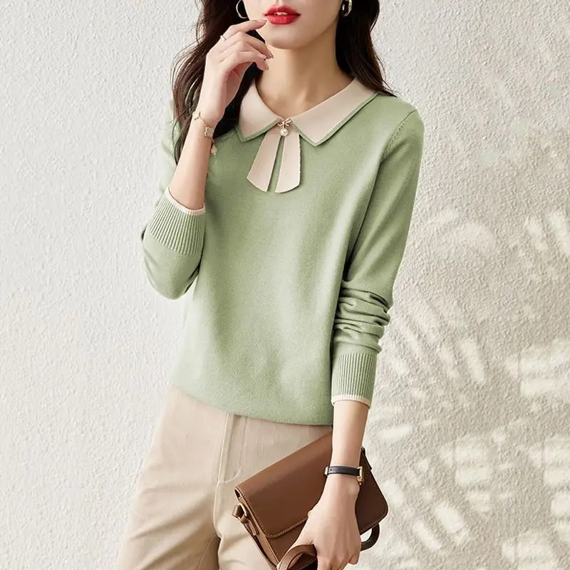 Autumn and Winter New Minimalist Commute Contrast Color Lapel Bow Rivet Knitted Sweater Women's All-match Long Sleeve Slim Tops