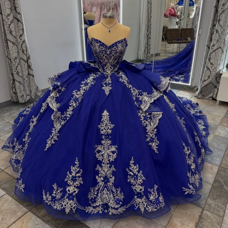 

Royal Blue Quinceanera Dresses Off Shoulder Ball Gown Sweet 16 Dress Applique Lace Beading Crystal Bow Tull Corset Birthday