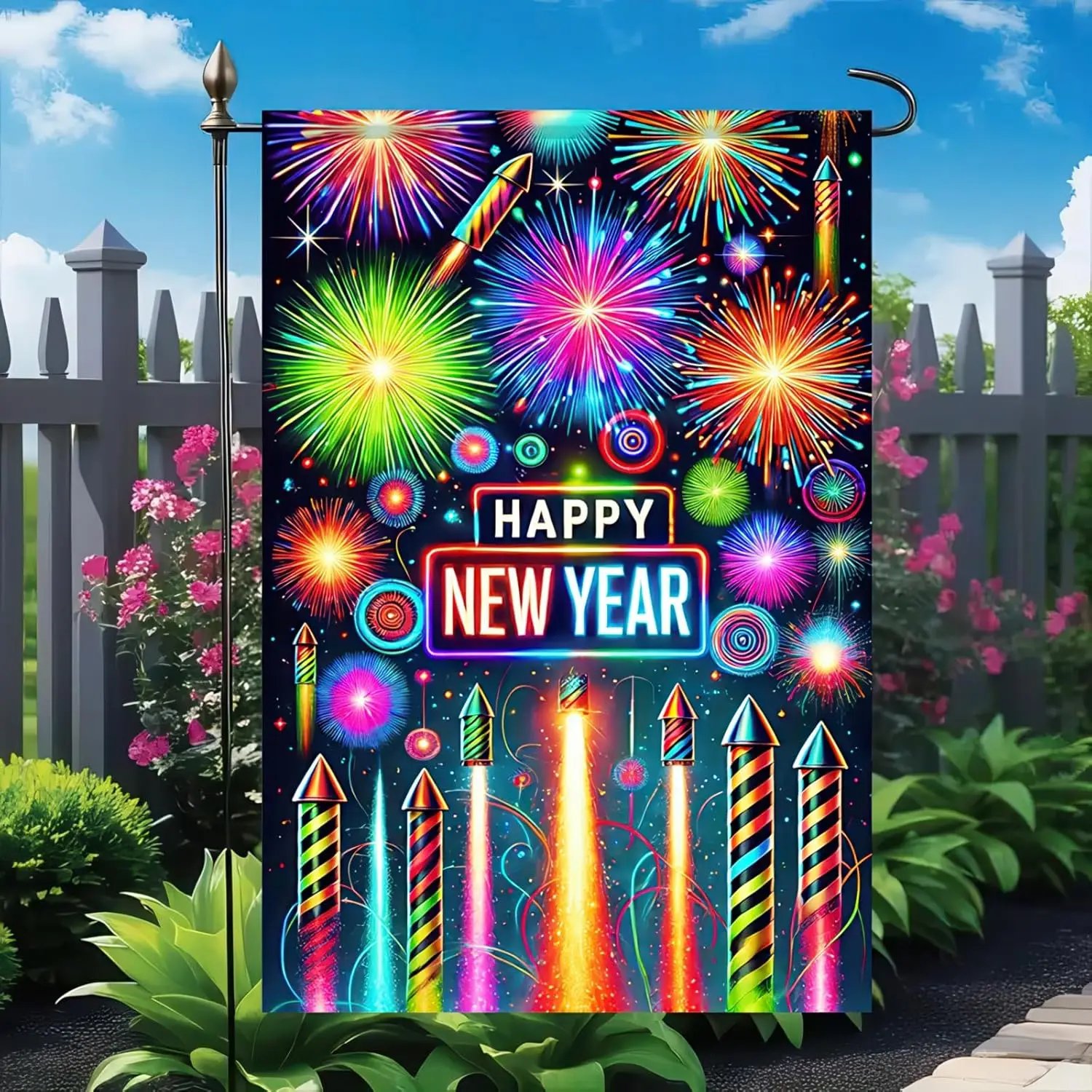 Happy New Year Garden Flag Double Sided 12x18 Inch Firework Sparkle Night Sky Yard Flag Festive Outdoor Yard Decoration New  llz