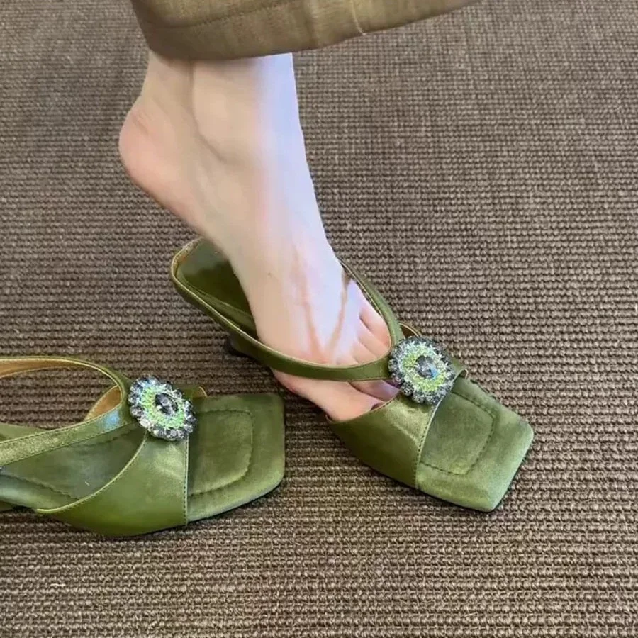 Square Head Shallow Mouth Slippers Open Toed Strange Style Sandals Rhinestone Design High Heels One Line Hollow Out Sexy S