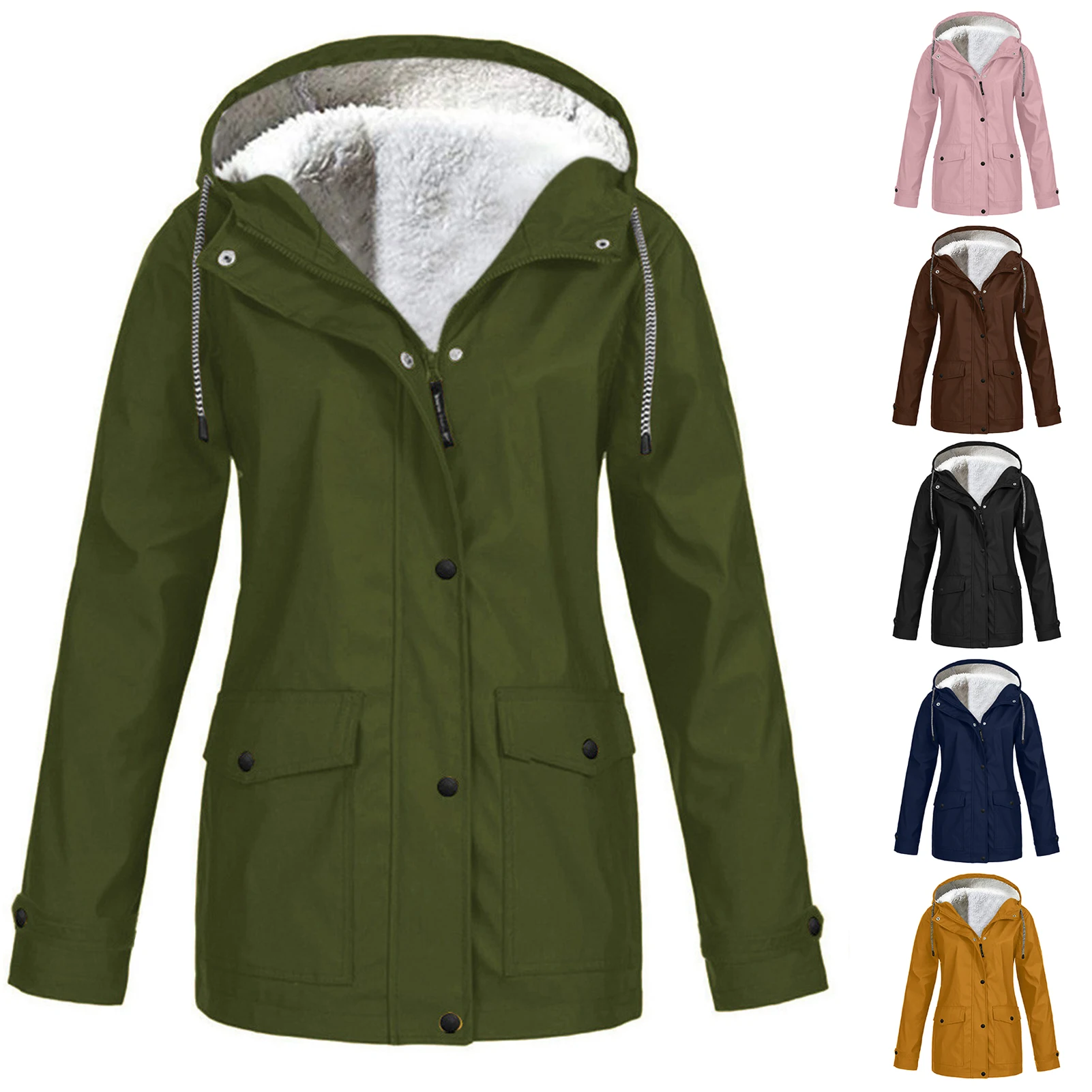 Women\'s Winter Coat Warm Solid Plush Thickened Long Jacket Outdoor Hiking Hooded Casual Windproof Parka Coat Overcoat