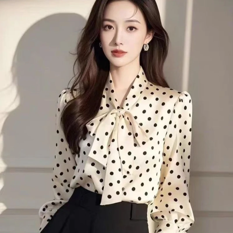 빈티지 여성 블라우스 캐주얼 물방울 무늬 탑 패션 루즈 여름 프렌치 의류 긴 소매 한국식 리본 여성 셔츠