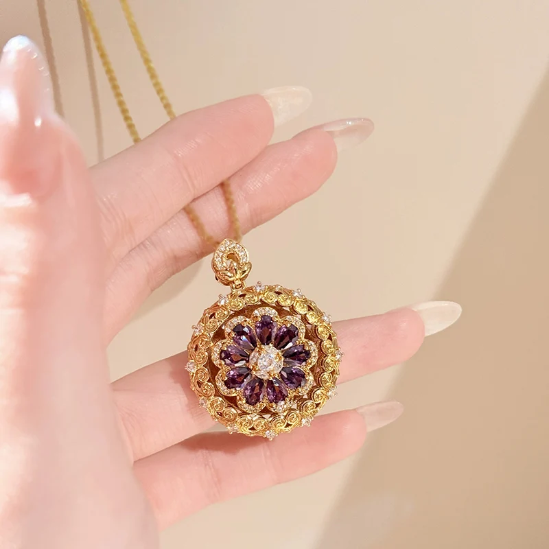 New Chinese Ancient Nine Purple Departure Fire Ruyi Eight Treasures Compass Necklace Rotating Disc Necklaces For Women KOFSAC
