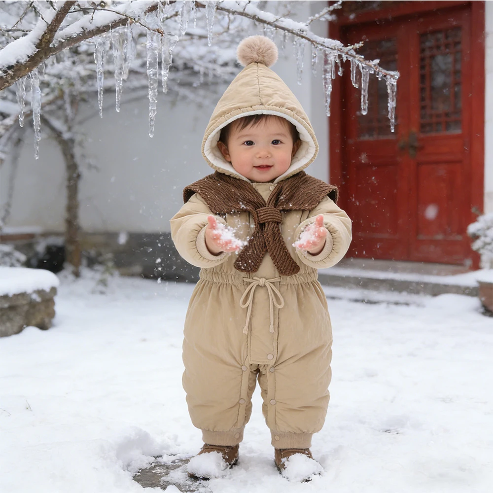 

Baby Winter Warm Hooded Jumpsuit Khaki Thick Velvet Scarf Fur Ball Hat Outdoor Jumpsuit for Infants