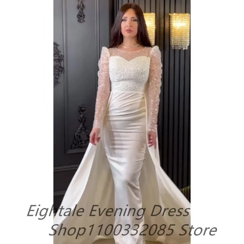 Eightale 2024 White Floor Length Evening Dresses For Wedding Party Long Sleeve Sequined Formal Prom Dress Dubai Party Gown