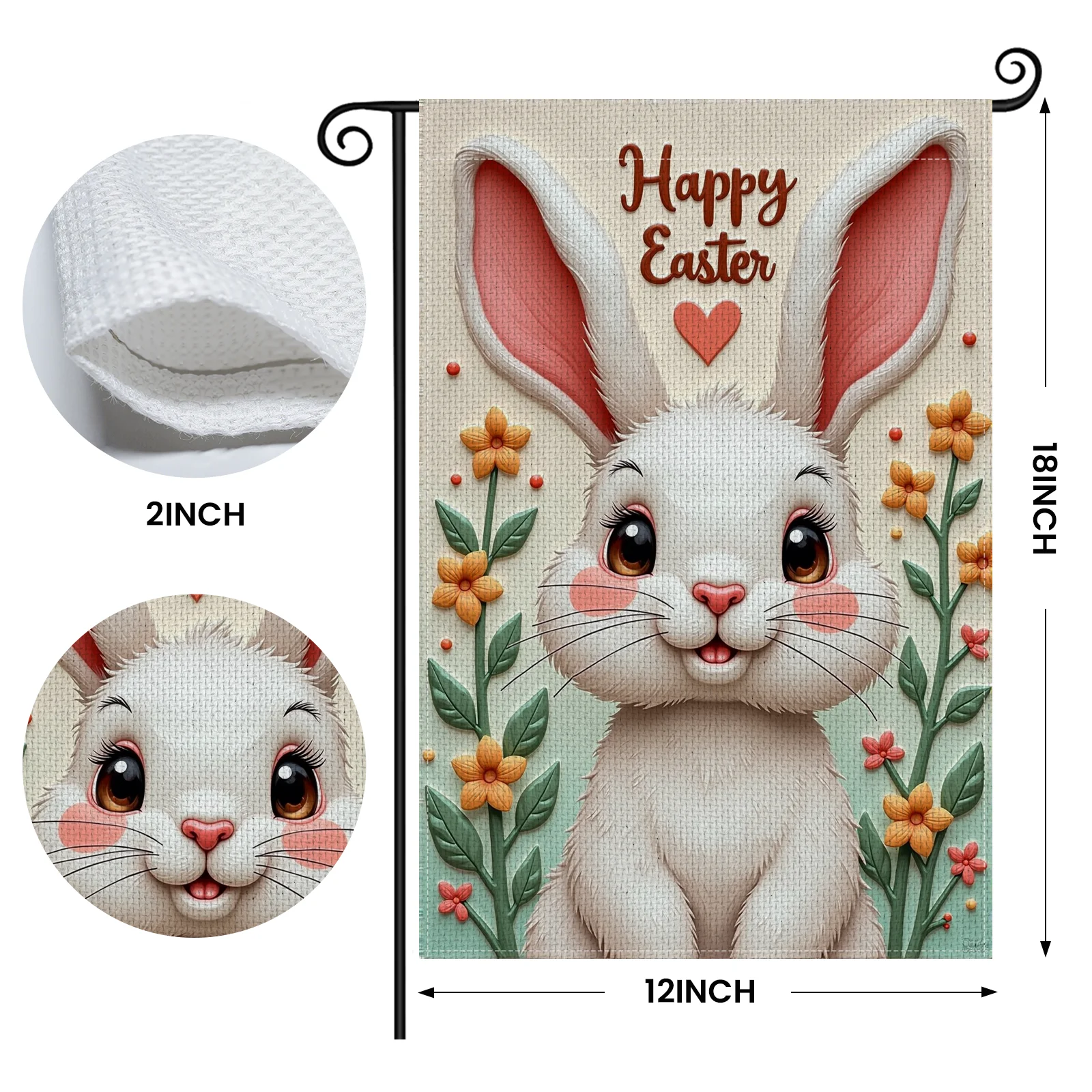 Bunny Design Happy Easter Garden Flag Floral Pattern Easter Bunny Yard Flag Heart Accent Pastel Color Scheme Spring Garden Banne