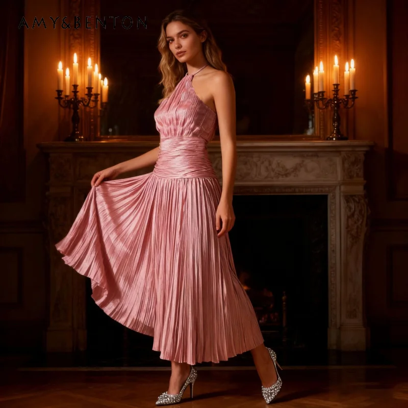

Senior Banquet Solid Color Women's Dress 2026 New Halter Design Pleats Waist-cinching Thin Sexy Temperament Long Dresses Ladies