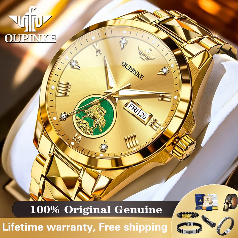 OUPINKE Business Luxusmarke Automatische Mechanische Uhr für Herren Doppelkalender-Uhr 50M Wasserdicht Diamantskala-Uhr 3331