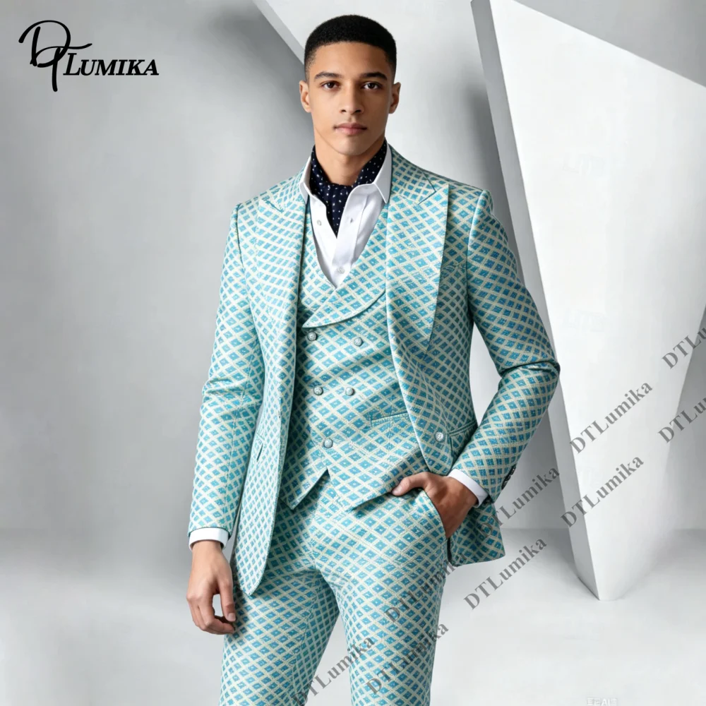 Men Suit 3 Pieces Geometric Pattern Blazer Waistcoat Pants Peak Lapel Formal Outfit Wedding Groom Prom Party Business Evening