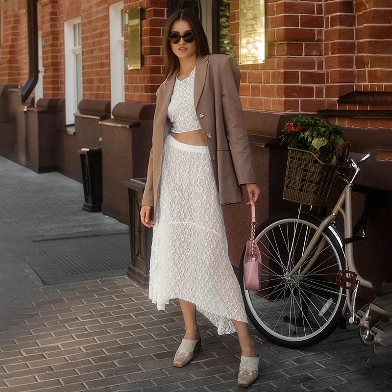 Tornova Lace See Through Skirt Two-Piece Set Long-Sleeved Pullover Top High Waist Long Skirt Female Elegant Beach Vacation Suit