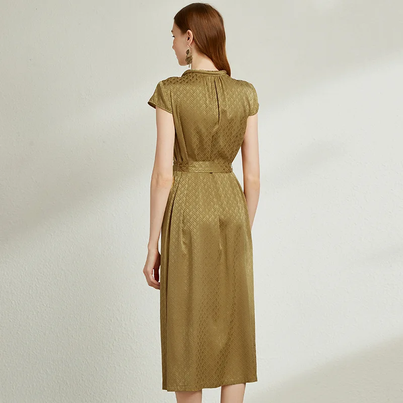 Birdtree 100% echte Seide Crêpe elegante Kleider Gürtel Kurzarm Plaid Slim Fit Party kleid für Frauen Sommer Herbst neue d3n264qm