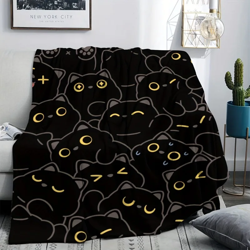 1pcJIT black five section cute black cat pattern printed blanket machine washable anti fouling needle woven flannel blanket