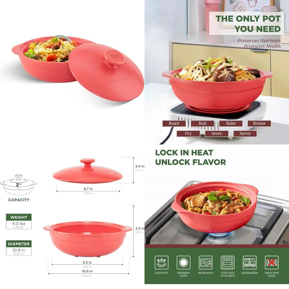 

Porcelain Dutch Oven, 2-Quart, Lead and Cadmium Free, Oven Safe up to 482°F, Heat Retaining, Clay Pot for Cooking