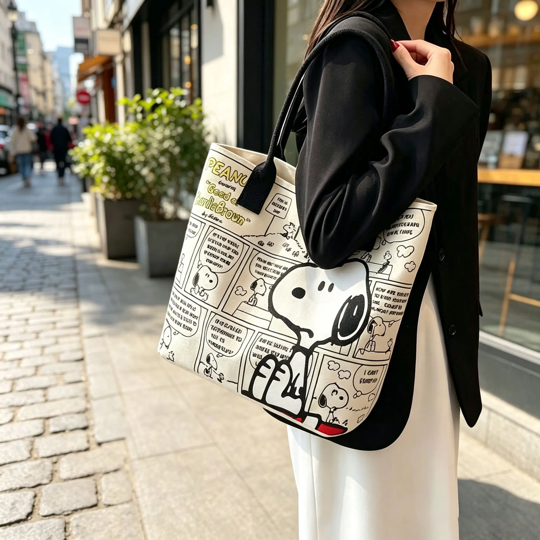 Kawaii Snoopy Cartoon Canvas Handbag Large Capacity Simple Shoulder Bag Casual Tote Shopping Handbag Daily Gift