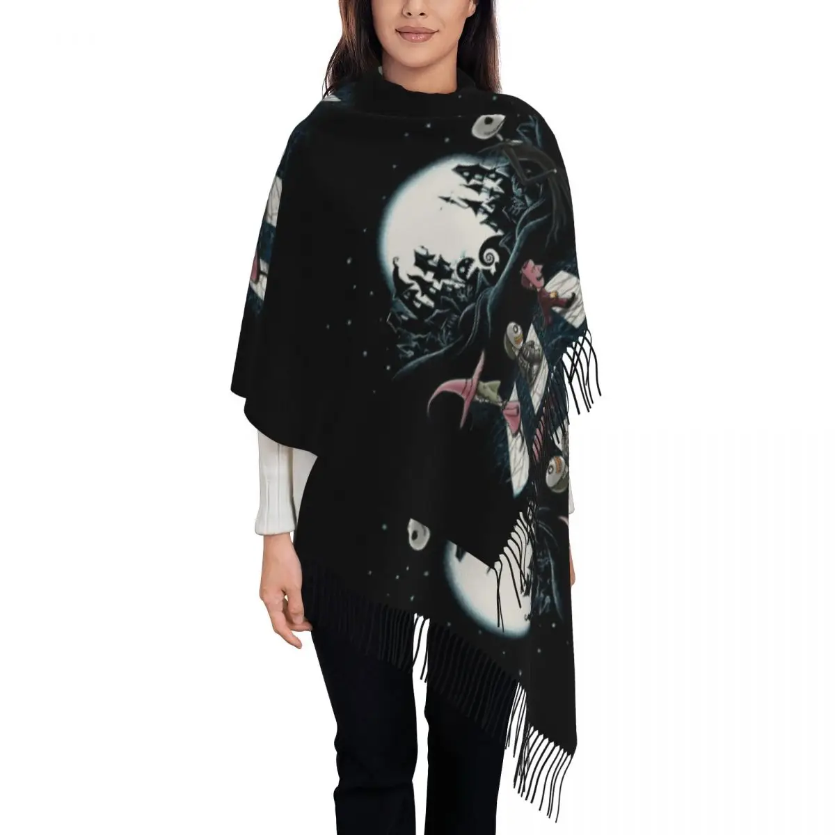 Custom The Nightmare Before Christmas Tassel Scarf Women Soft Halloween Skull Skellington Shawl Wrap Ladies Winter Scarves