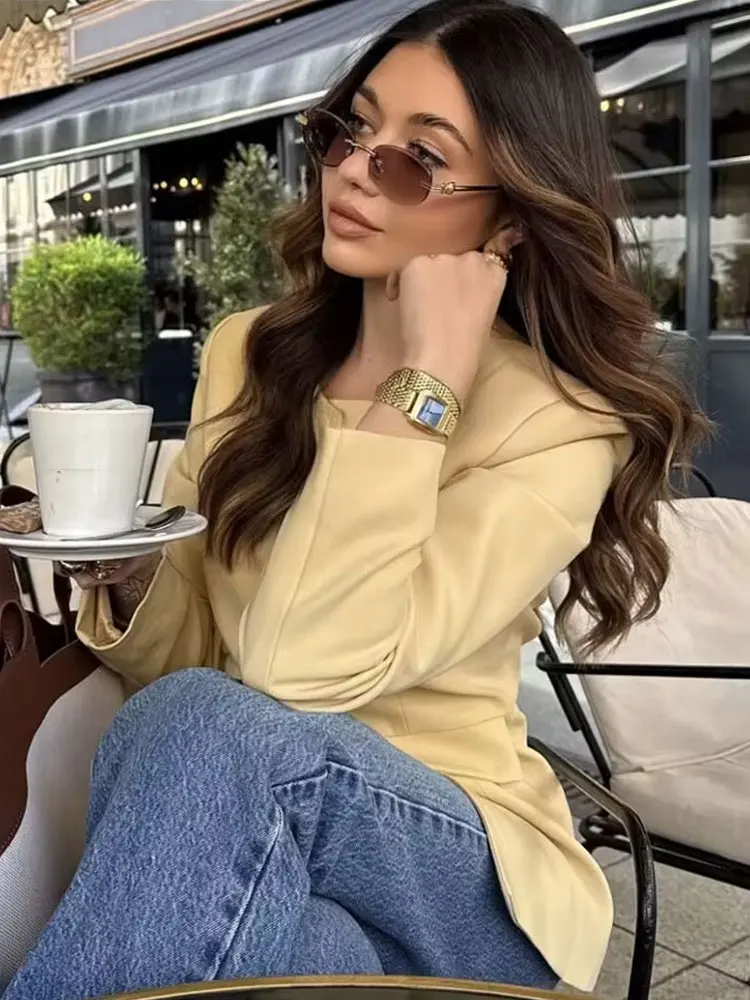 เสื้อเบลเซอร์สีเหลืองสำหรับผู้หญิงแฟชั่นฤดูใบไม้ร่วง แขนยาว คอทรงโอ กระดุมแถวเดียว สไตล์ลำลอง เหมาะสำหรับใส่ทำงาน ให้ลุคสง่างาม