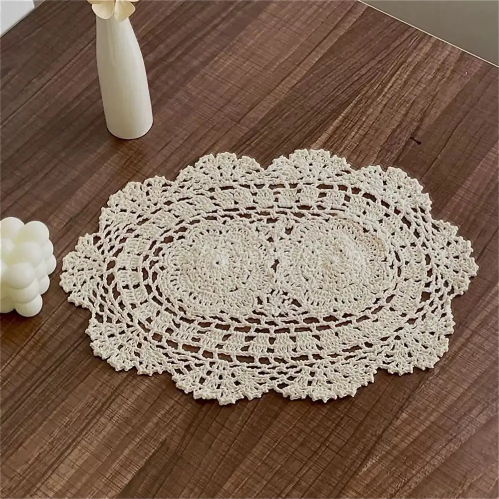 Vintage Handmade Cotton Crochet Placemat Oval Table Pad Decorative Coaster For Kitchen Dining Table Home Photography Prop