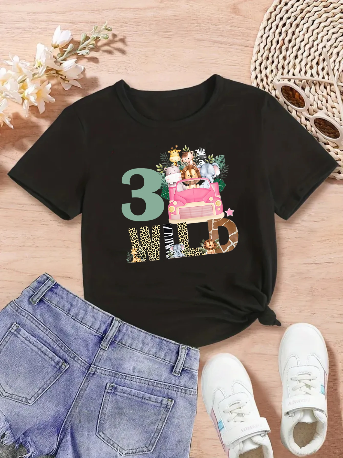 

3nd/4th Wild Monkey Lion Elephant Hippopotamus Giraffe Printed T Shirt Girls Kawaii Kids Clothes 3nd/4th Birthday Gift T-Shirt