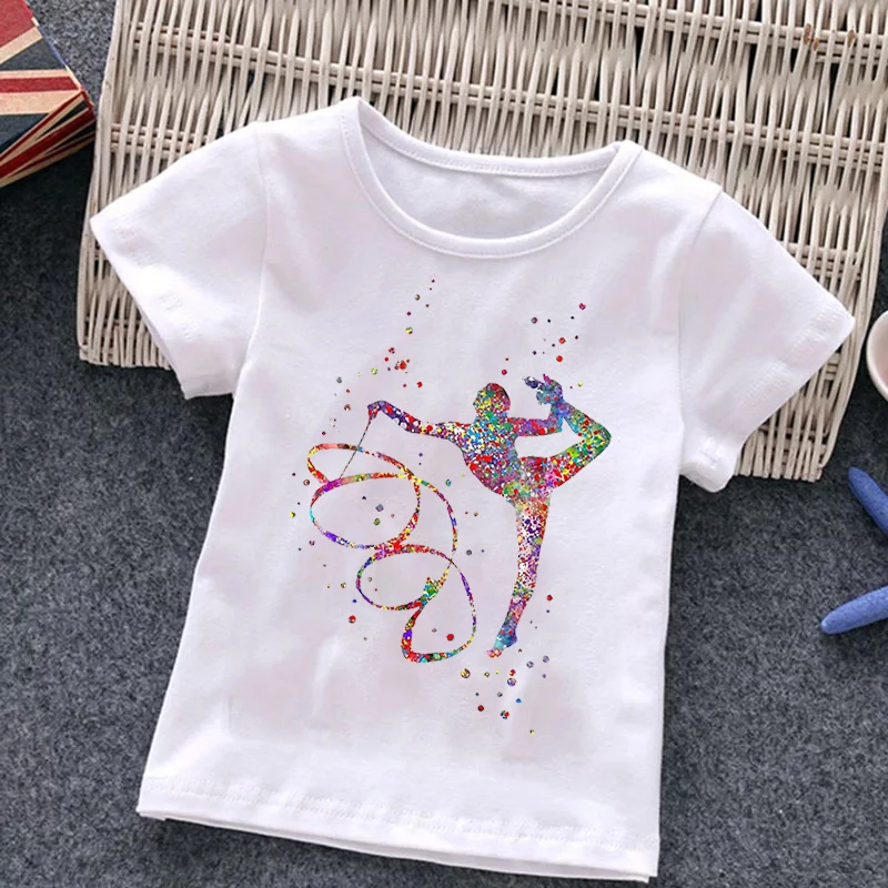 Summer Watercolor Gymnastics Print Tshirts Girls Kids Clothes Cute gymnastics art T Shirt GYM Children Clothing Harajuku Shirt