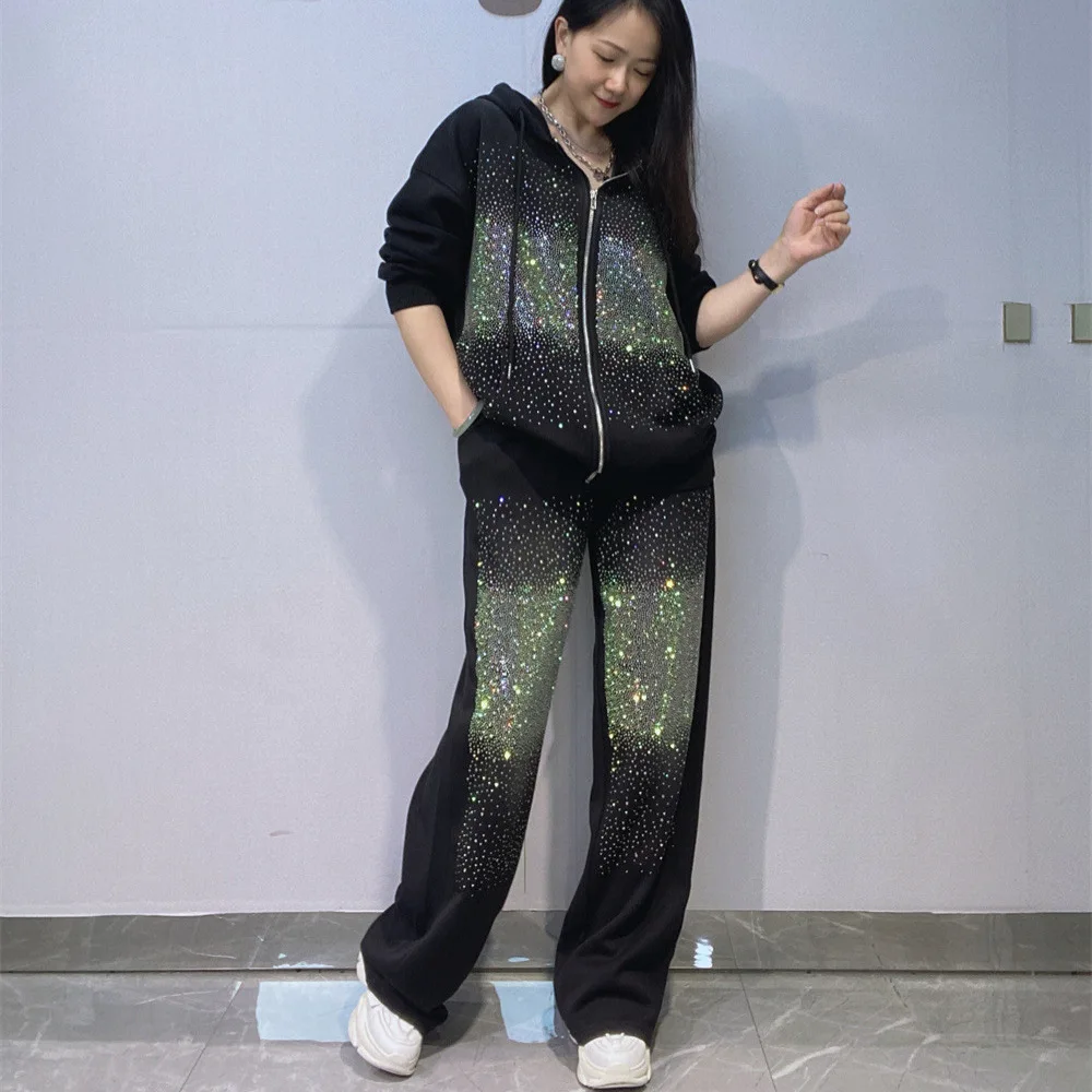 New Autumn Winter Women Hoodie Set Shiny Hot Diamonds Hooded Zip Cardigans Coat + Elastic Waist Wide Leg Loose Straight Pants