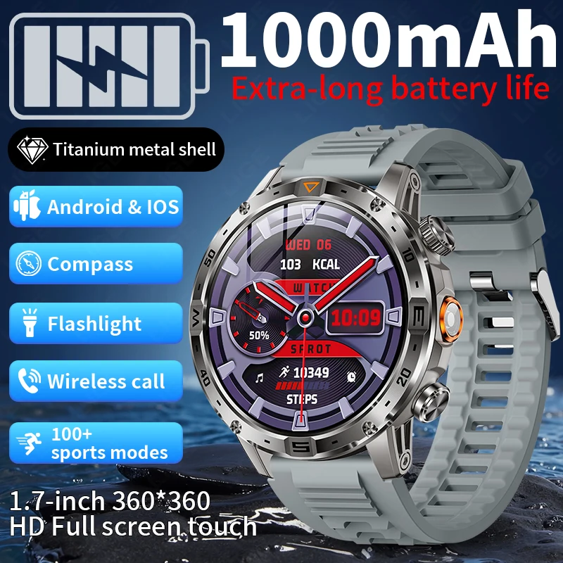 

LIGE New 1000mAh Smart Watch Men 1.7"HD Screen Outdoor Compass LED Flashlight Bluetooth Call Waterproof Sport Fitness Smartwatch