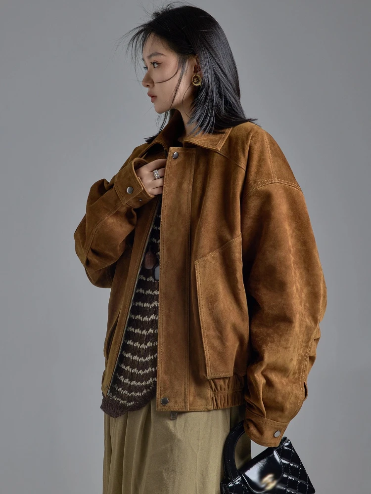 빈티지 정품 가죽 여성용 오토바이 재킷 2025 가을 겨울 신상 고급 심플 루즈핏 양가죽 스웨이드 코트